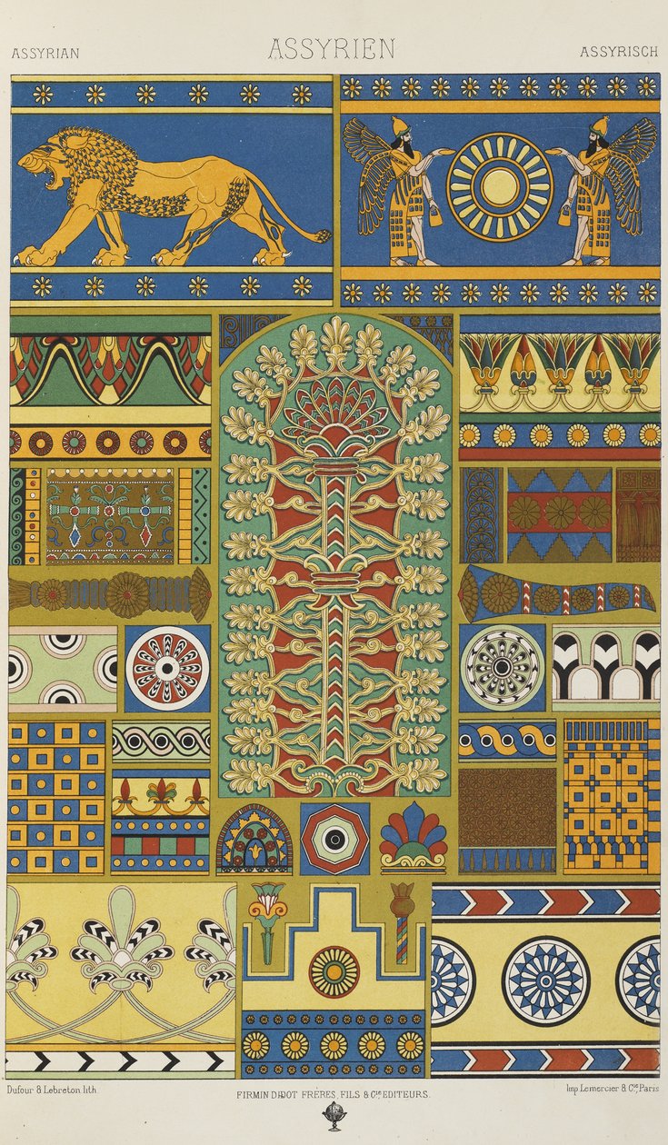 Assyrialainen, levy 3 teoksesta "Polychromatic Ornament: Sata lautasta kultaa, hopeaa ja värejä" tekijältä Albert Charles August Racinet