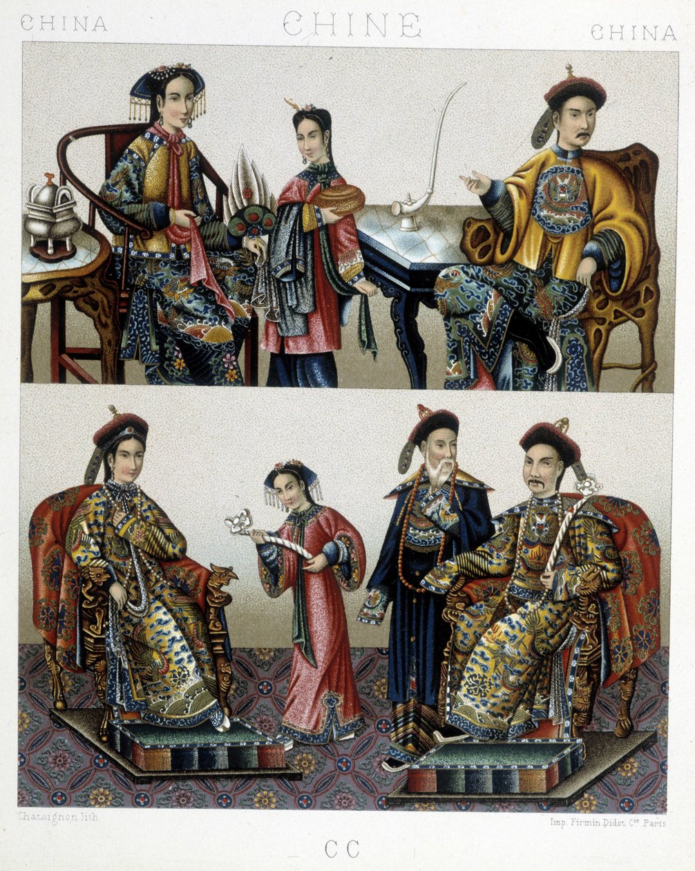Kiinalainen aristokratia - Racinetin teoksessa "Le costume historique". tekijältä Albert Charles August Racinet
