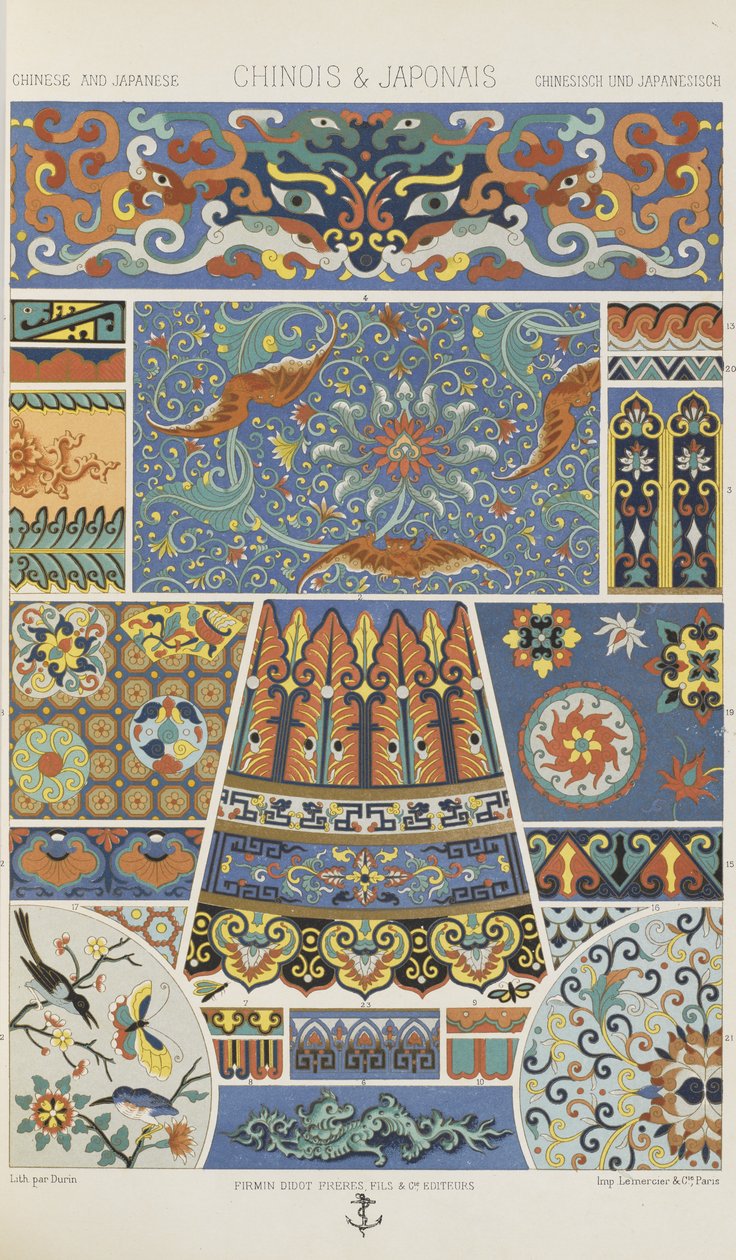 Kiina ja japani, levy 11 julkaisusta "Polychromatic Ornament: Sata lautasta kultaa, hopeaa ja värejä" tekijältä Albert Charles August Racinet