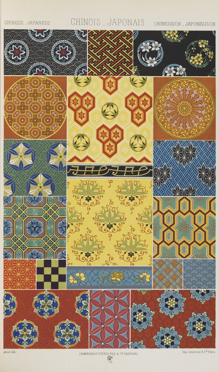 Kiina ja japani, levy 15 julkaisusta "Polychromatic Ornament: Sata lautasta kultaa, hopeaa ja värejä" tekijältä Albert Charles August Racinet