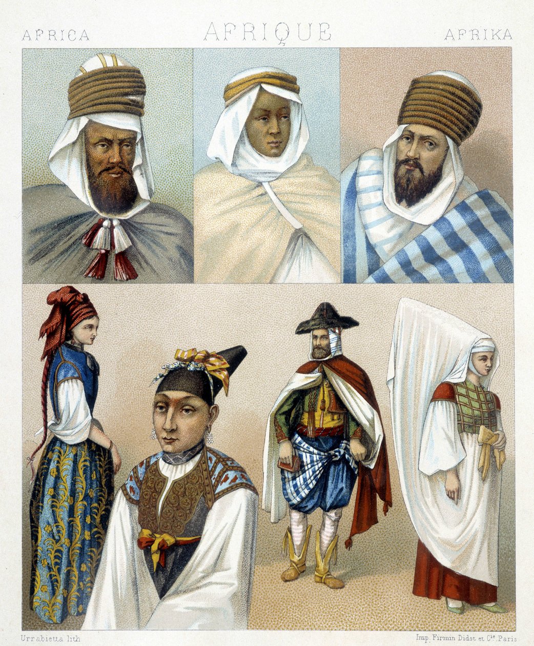 Puvut ja kampaukset Algeriasta. Kuvitus Racinet