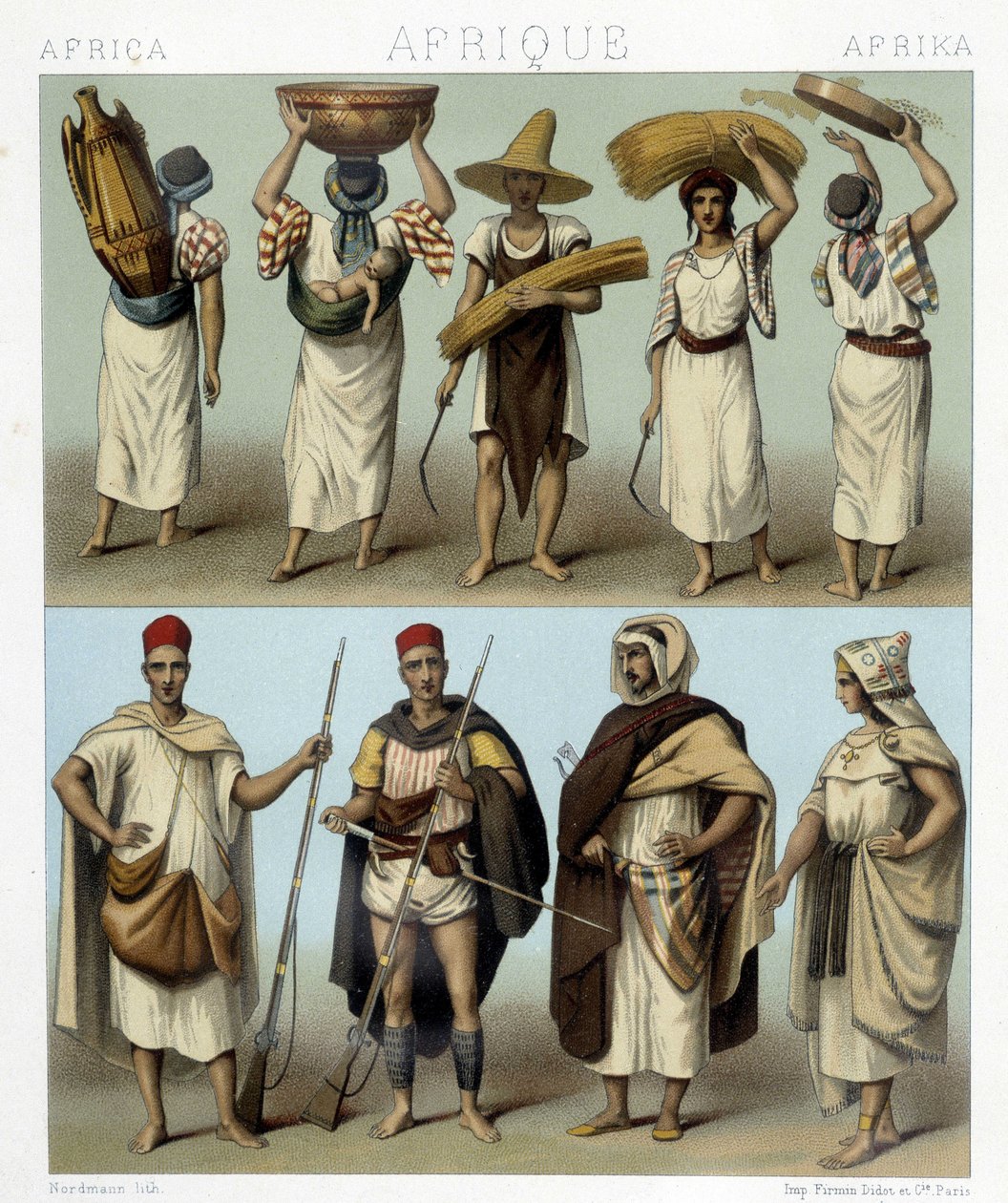 Algerian ja Tunisian puvut. Kuvitus Racinet