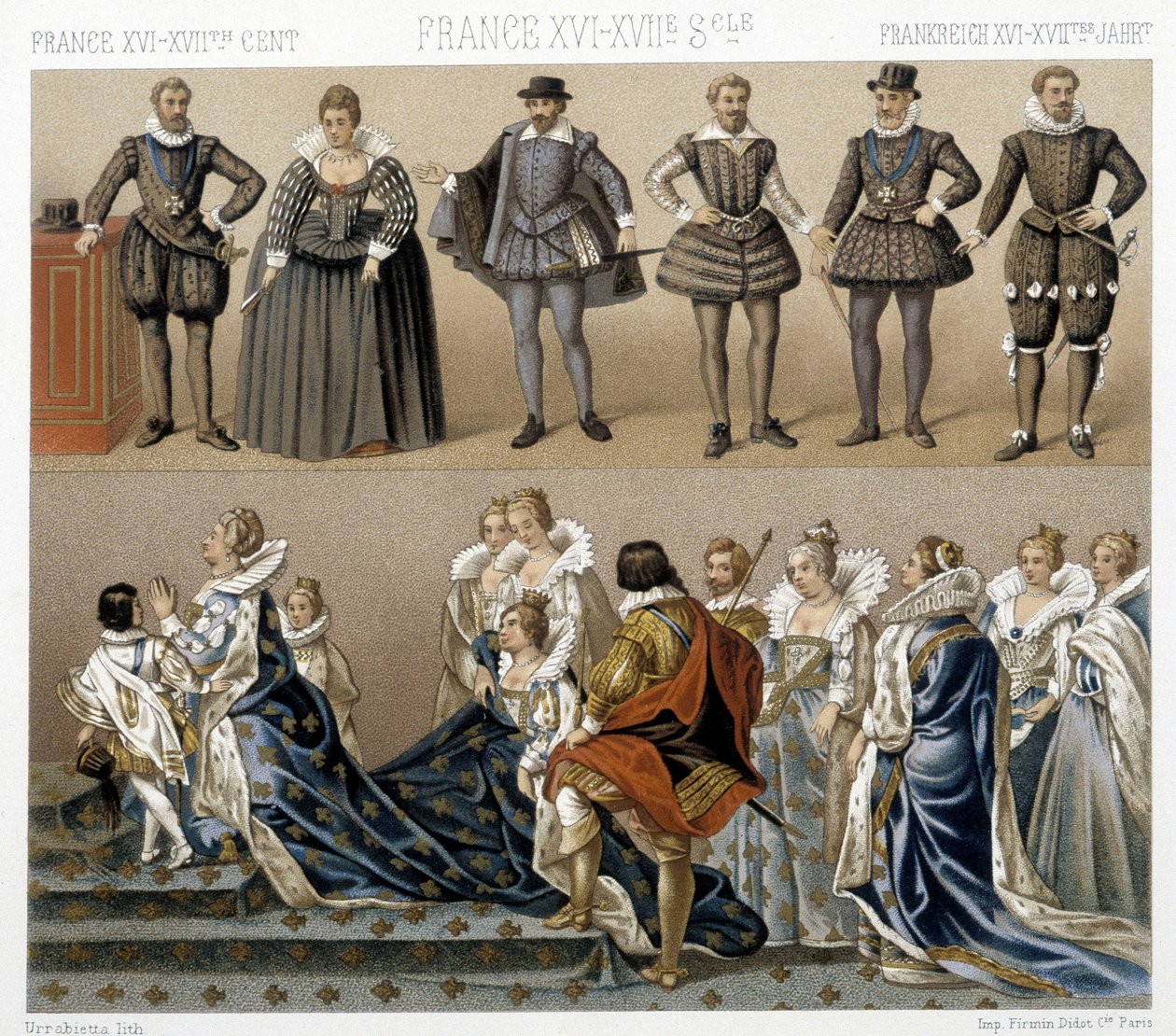 Ranskan kuningatar Margueriten (alhaalla) ja Henrik IV:n (ylhäällä) puvut 1600- ja 1700-luvuilla. Kuvitus Racinet