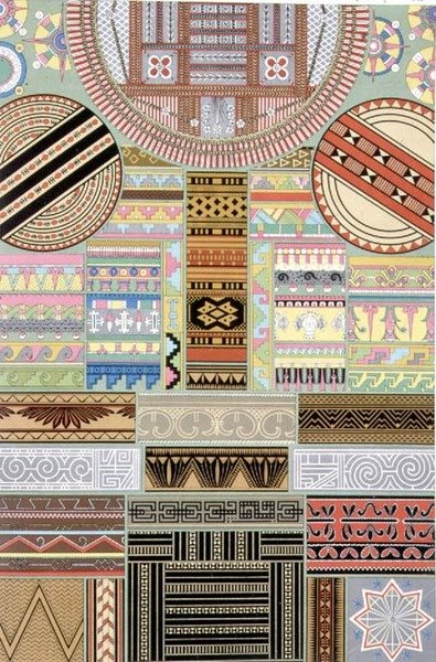 Koriste Oseaniasta ja Keski-Afrikasta, "Polychrome Ornament", kaiverrus Dufour ja F. Durin, pub. Kirjailija: Lemercier & C. tekijältä Albert Charles August Racinet
