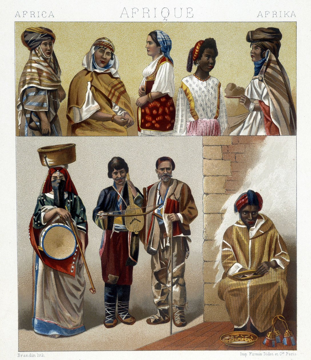 Egyptiläiset puvut. Kuvitus Racinetin teoksesta "Historiallinen puku". tekijältä Albert Charles August Racinet