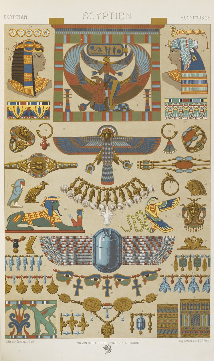 Egyptiläinen, levy 4 aiheesta "Polychromatic Ornament: Sata lautasta kultaa, hopeaa ja värejä" tekijältä Albert Charles August Racinet