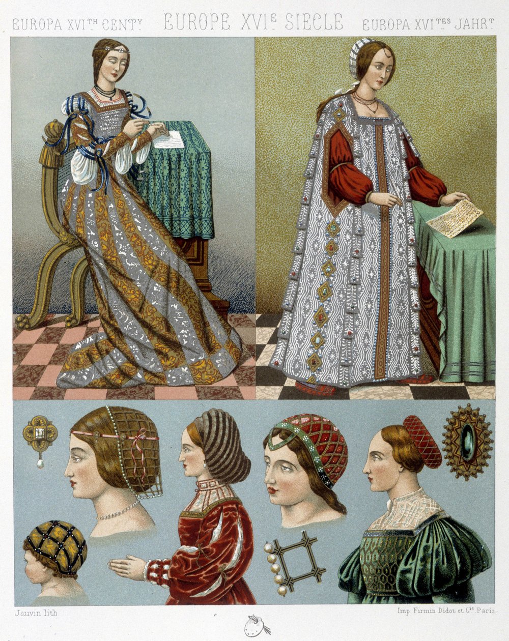 Muoti ja kampaamo Euroopassa 1500-luvulla - Racinetin "" Historiallisessa puvussa" 1800-luvun lopulla tekijältä Albert Charles August Racinet