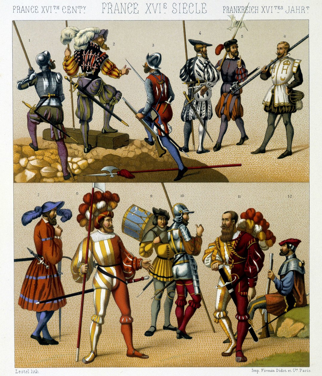 Ranskalaiset sotilasasut 1500-luvulla. Kromolitografinen levy - Racinetin "" Le costume historique" -kirjassa tekijältä Albert Charles August Racinet
