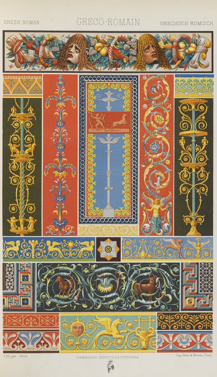 Kreikkalais-roomalainen, levy 9 teoksesta "Polychromatic Ornament: Sata lautasta kultaa, hopeaa ja värejä" tekijältä Albert Charles August Racinet