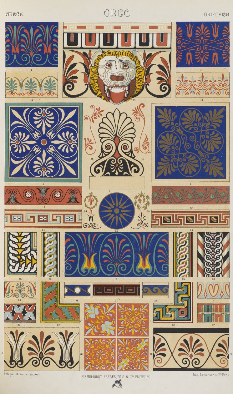 Kreikka, levy 6 teoksesta "Polychromatic Ornament: Sata lautasta kultaa, hopeaa ja värejä" tekijältä Albert Charles August Racinet