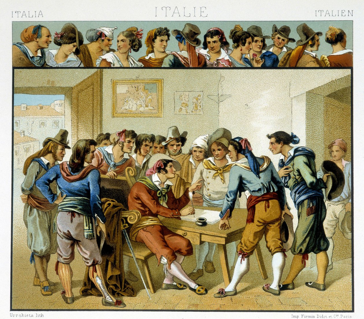 Ryhmä italialaisia kirjailijan ympärillä, joka on edustettuna 1800-luvun suosituissa roomalaisissa asuissa. Kromolitografinen levy - Racinetin "" Le costume historique" -kirjassa tekijältä Albert Charles August Racinet
