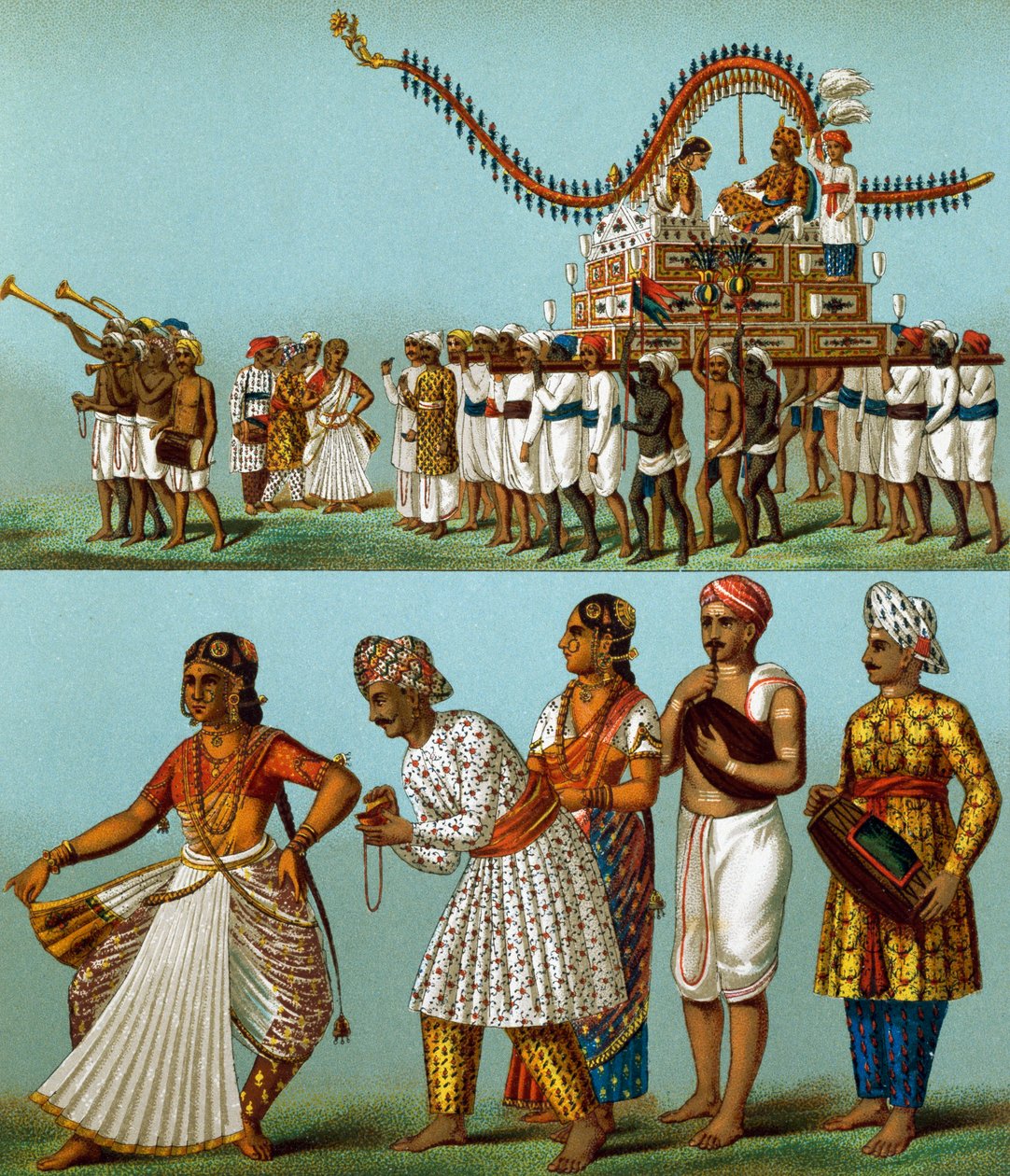 Intia, paraatit, musiikki, tanssit, Auguste Racinet (1825-1893), litografia tulee Le Costume Historiquesta, osa I tekijältä Albert Charles August Racinet
