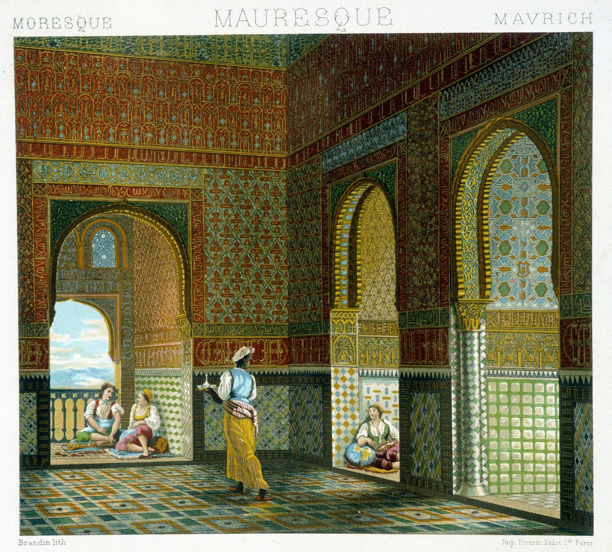 Maurilaisen talon sisustus (Alhambra, Siunauksen huone). Kromolitografinen levy - Racinetin "" Le costume historique" -kirjassa tekijältä Albert Charles August Racinet