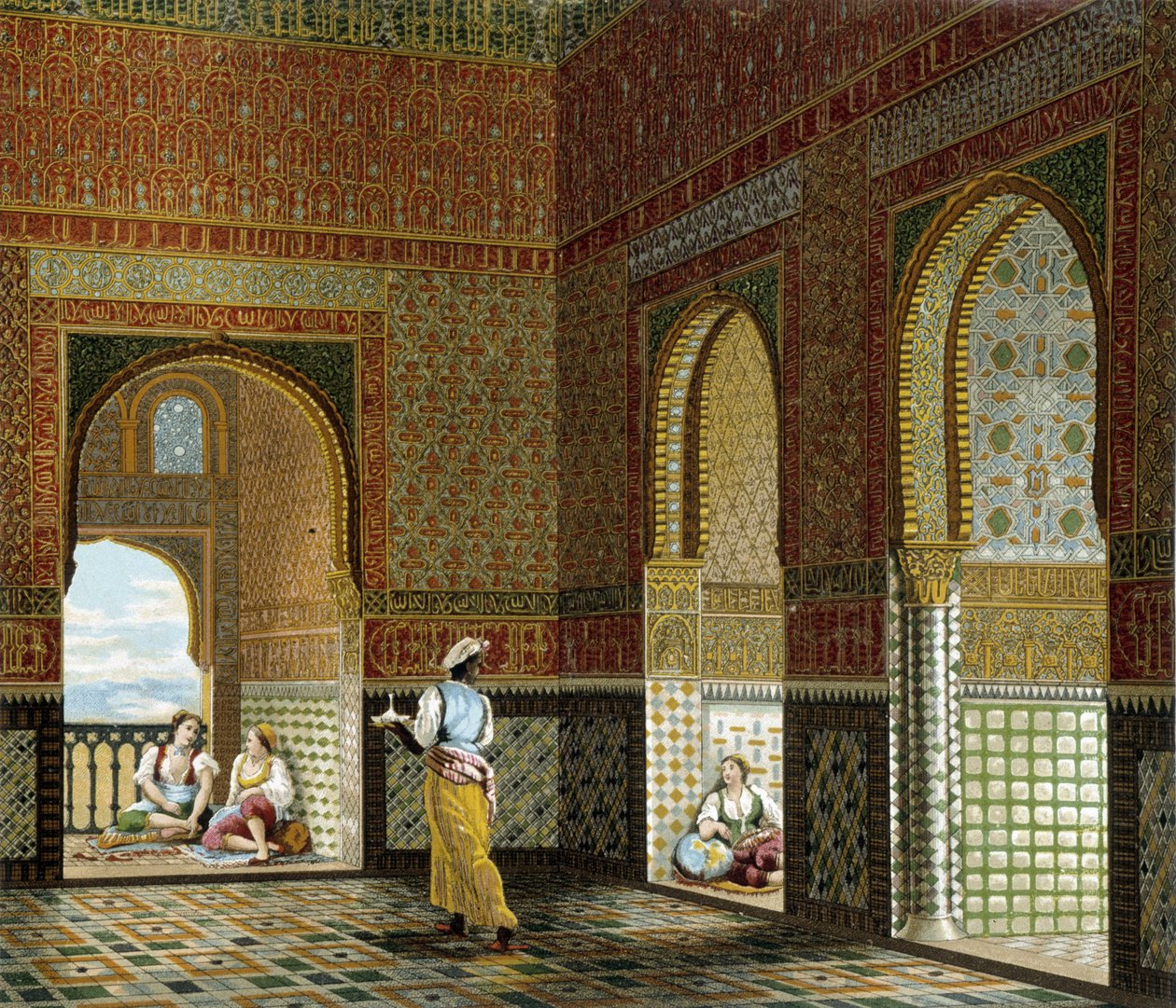 Maurilaisen talon sisustus (Alhambra, Siunauksen huone). Kromolitografinen levy - Racinetin "" Le costume historique" -kirjassa tekijältä Albert Charles August Racinet