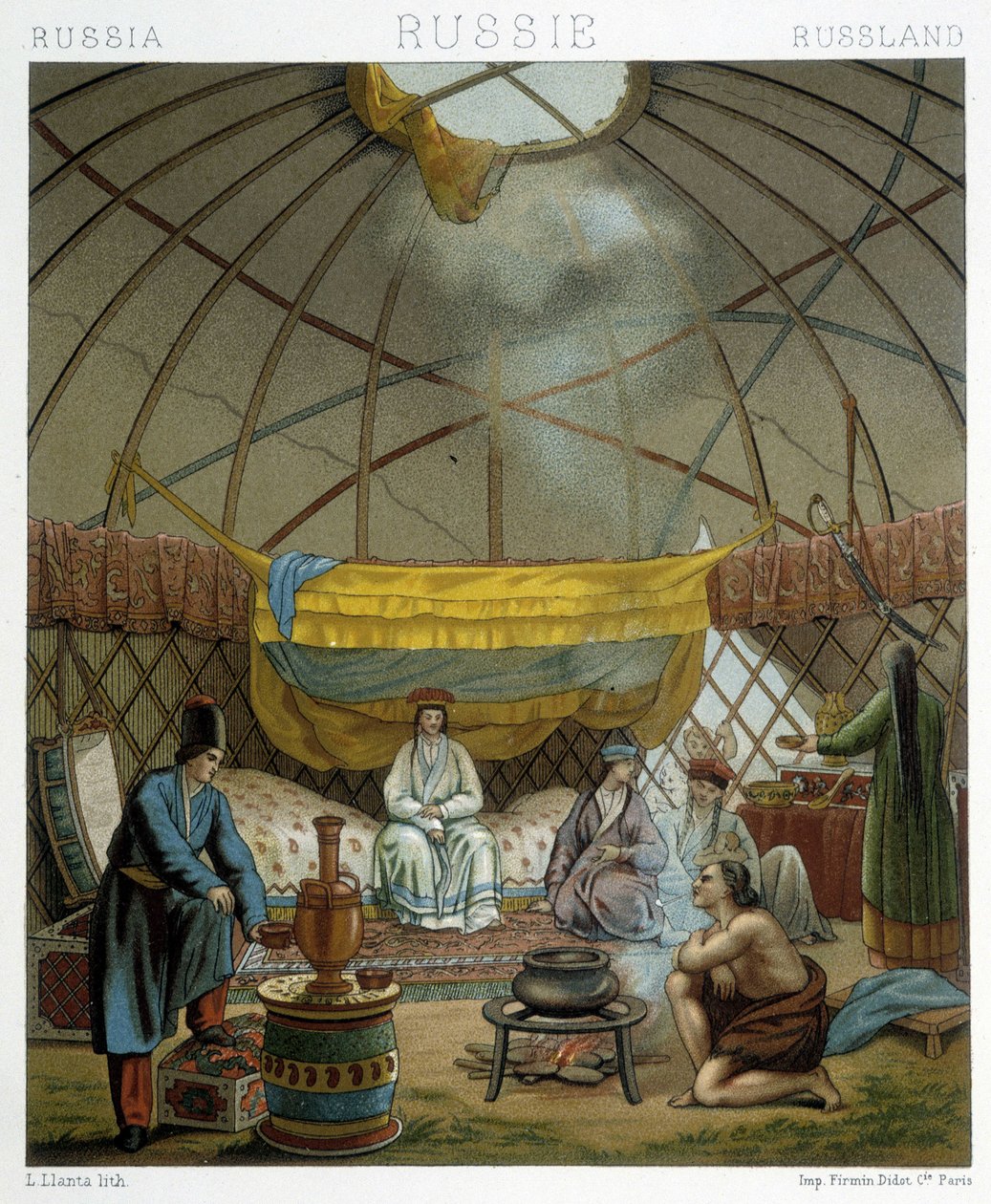 Kalmyk (venäläiset nomadit) jurtassaan tekijältä Albert Charles August Racinet