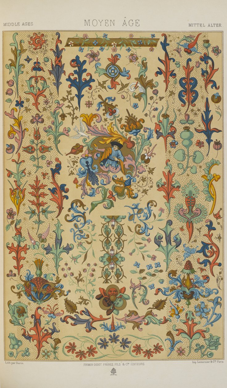 Keskiaika, levy 48 teoksesta "Polychromatic Ornament: Sata lautasta kultaa, hopeaa ja värejä" tekijältä Albert Charles August Racinet