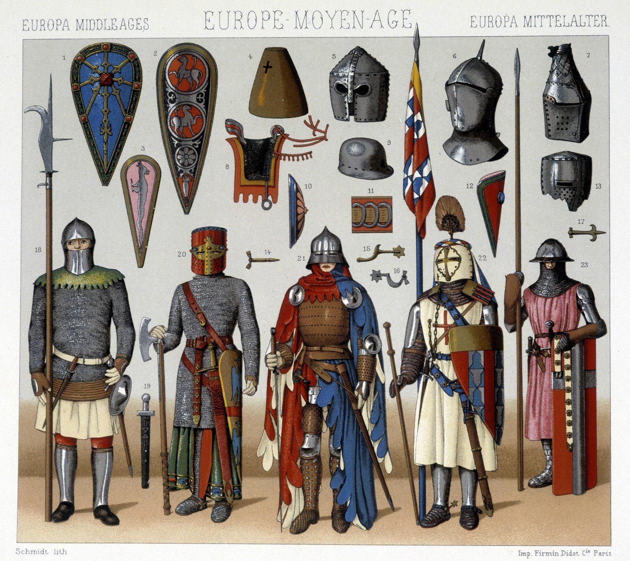 Sotilasasut ja kypärät Ranskassa 1200-1400-luvuilta. Kuvitus Racinet