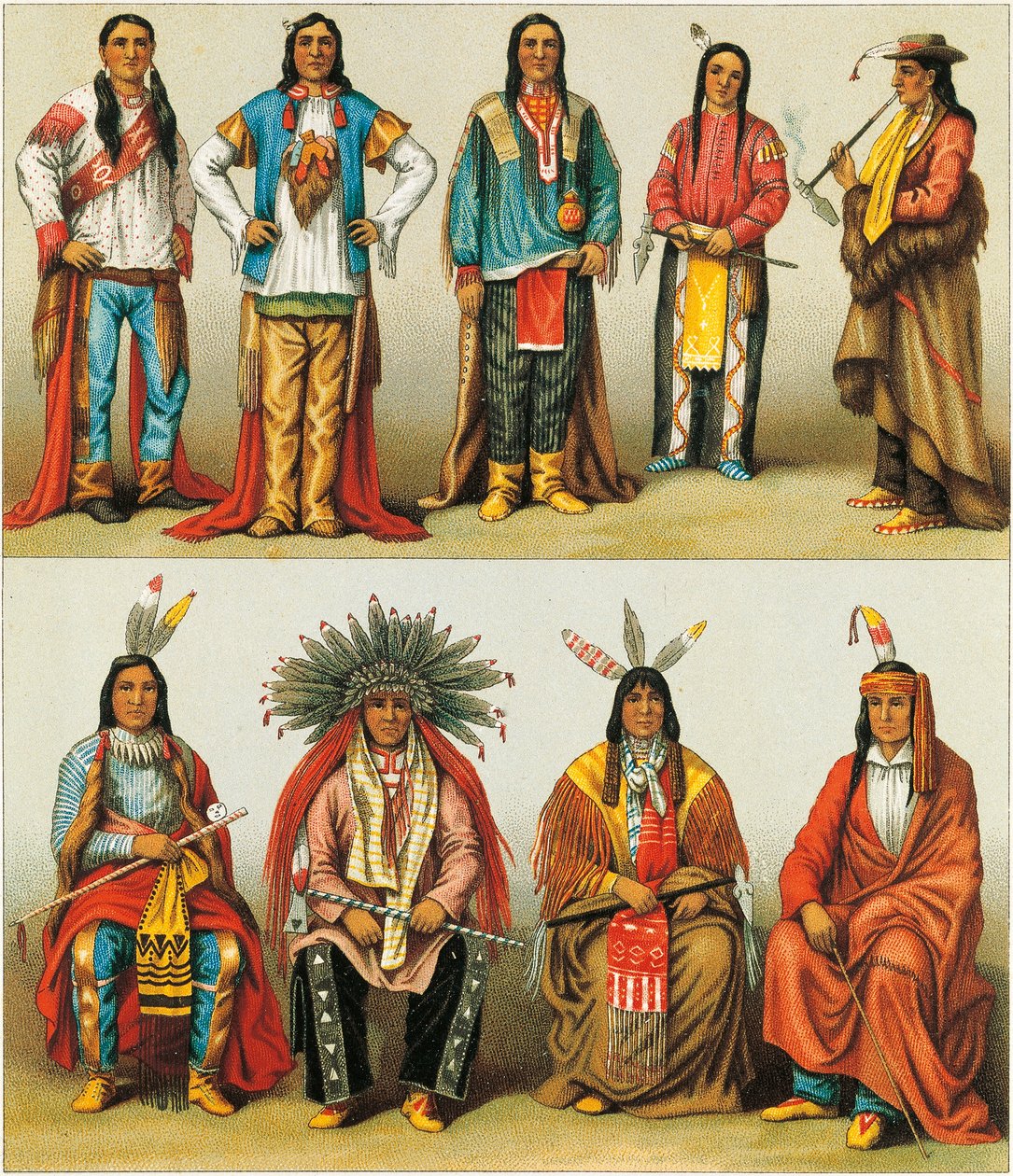 Native Americans of Mississippi ja Colorado, Nordmannin ja Sahnin litografia Le Costume Historiquesta, osa 2 tekijältä Albert Charles August Racinet