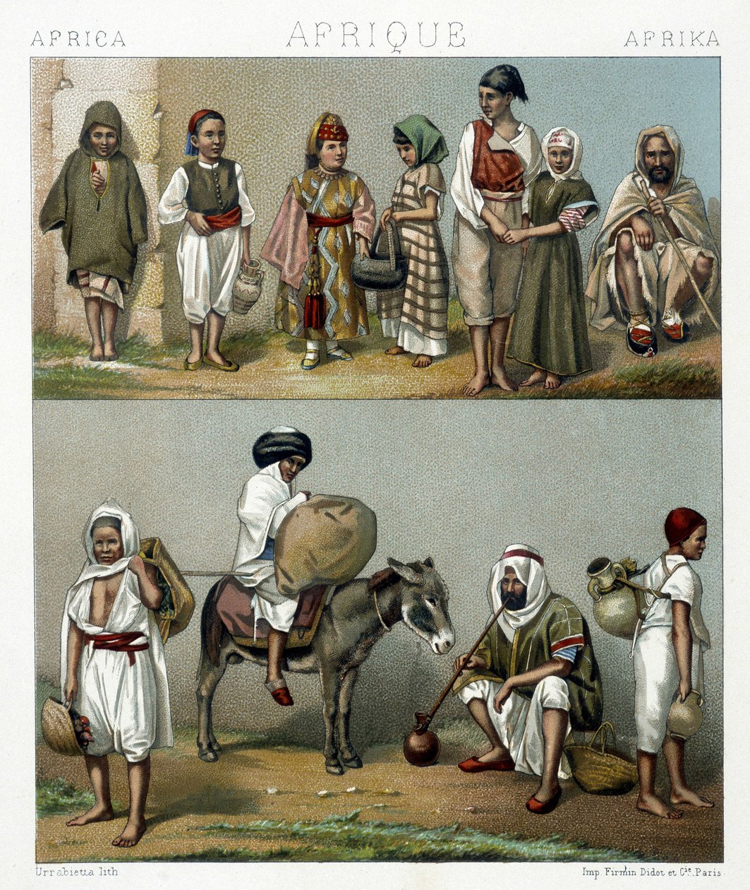Suosittuja asuja Algeriasta ja Tunisiasta. Kuvitus Racinet