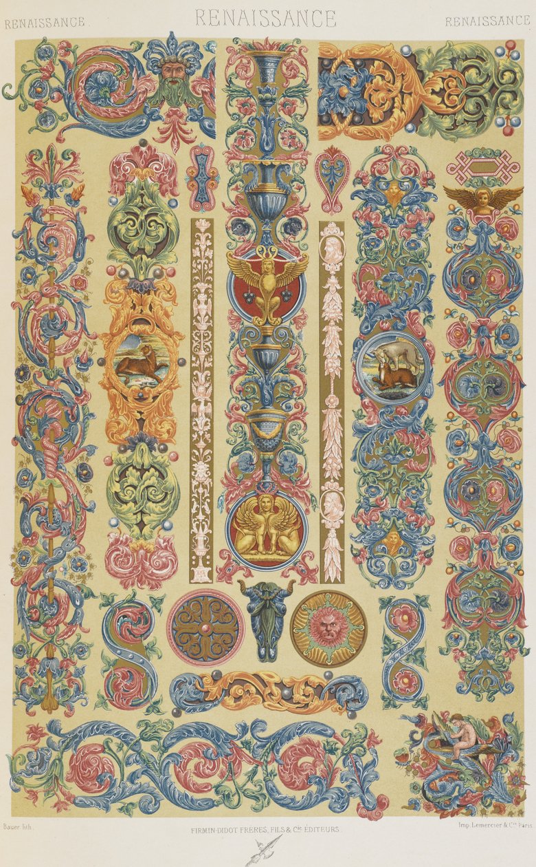 Renaissance, levy 52 teoksesta "Polychromatic Ornament: Sata lautasta kultaa, hopeaa ja värejä" tekijältä Albert Charles August Racinet