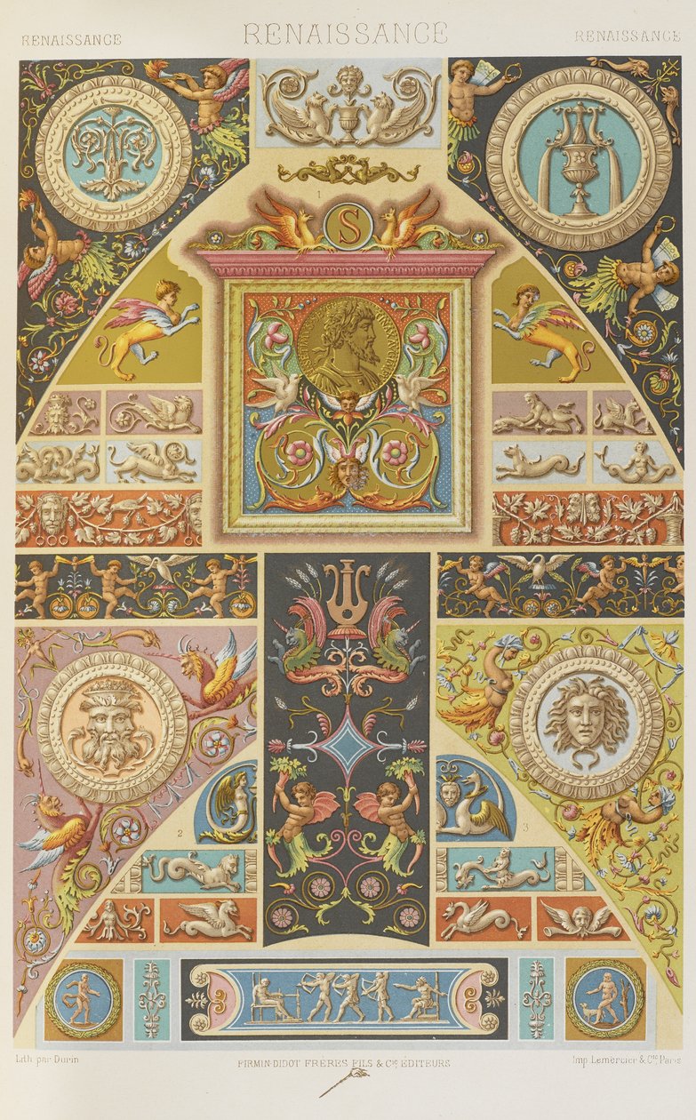 Renaissance, levy 54 teoksesta "Polychromatic Ornament: Sata lautasta kultaa, hopeaa ja värejä" tekijältä Albert Charles August Racinet