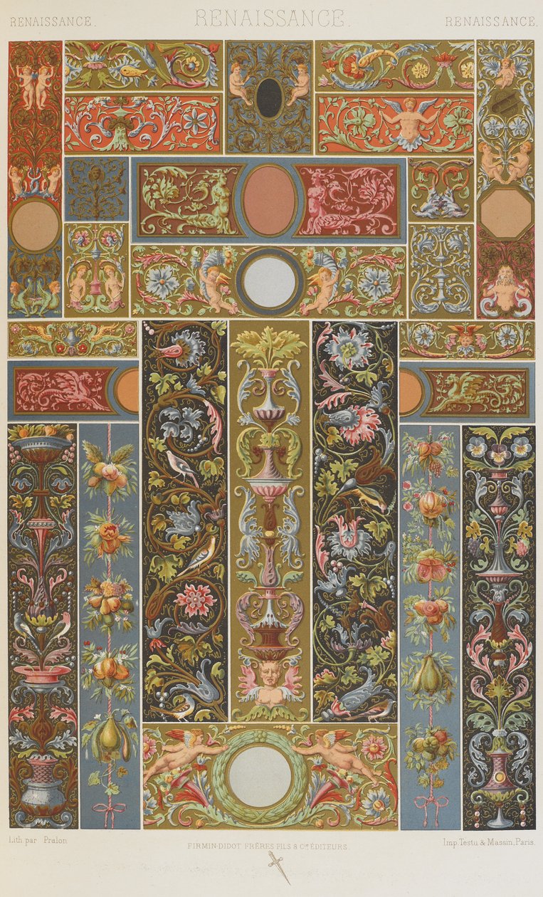 Renaissance, levy 57 teoksesta "Polychromatic Ornament: Sata lautasta kultaa, hopeaa ja värejä" tekijältä Albert Charles August Racinet