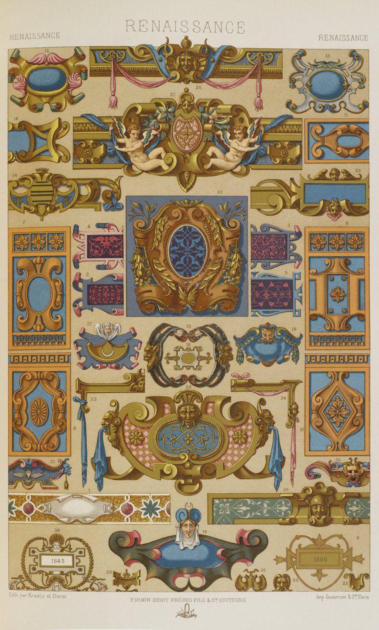 Renaissance, levy 58 teoksesta "Polychromatic Ornament: Sata lautasta kultaa, hopeaa ja värejä" tekijältä Albert Charles August Racinet