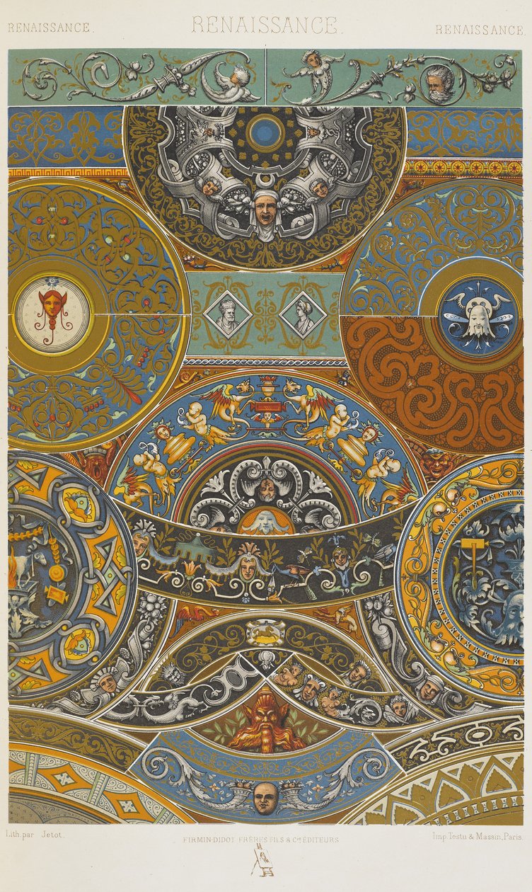 Renaissance, levy 59 teoksesta "Polychromatic Ornament: Sata lautasta kultaa, hopeaa ja värejä" tekijältä Albert Charles August Racinet