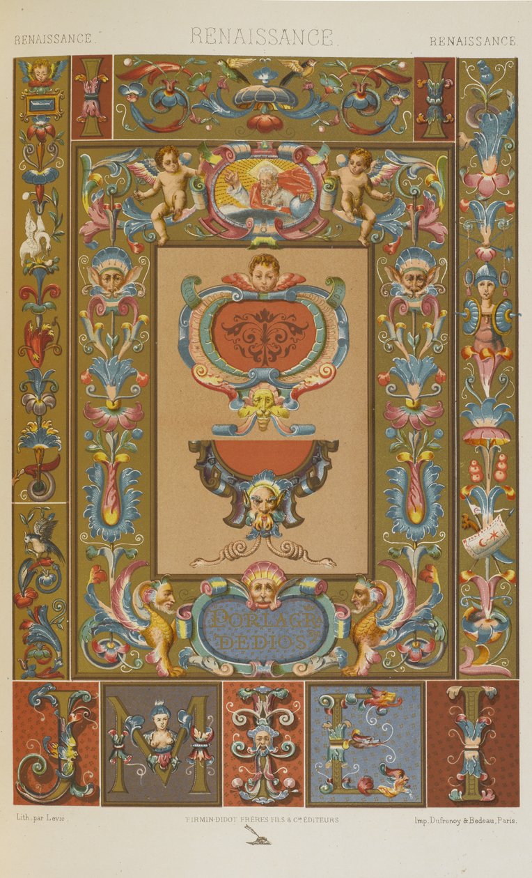 Renaissance, levy 63 teoksesta "Polychromatic Ornament: Sata lautasta kultaa, hopeaa ja värejä" tekijältä Albert Charles August Racinet