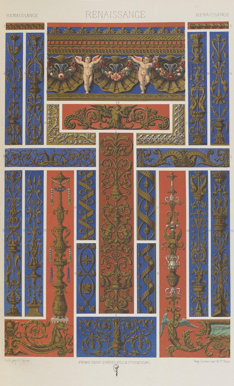 Renaissance, levy 66 teoksesta "Polychromatic Ornament: Sata lautasta kultaa, hopeaa ja värejä" tekijältä Albert Charles August Racinet