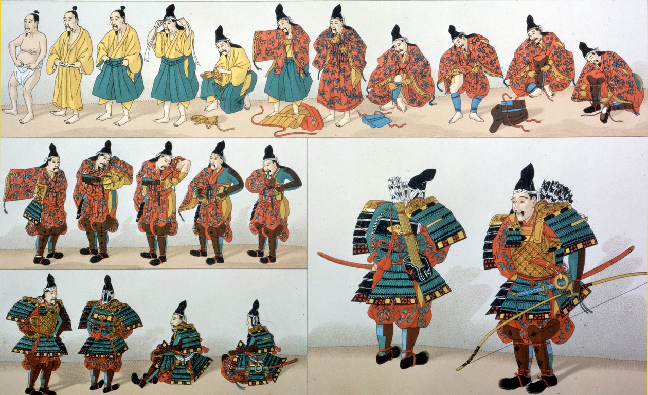 Samurai-univormut, kuvitus artikkelista "Historic Costumes" tekijältä Albert Charles August Racinet