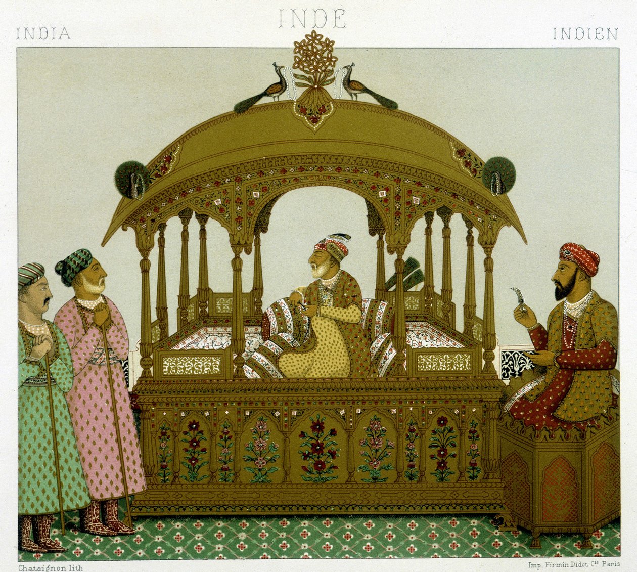 Mughal-keisarien valtaistuin. Kromolitografinen levy - Racinetin "" Le costume historique" -kirjassa tekijältä Albert Charles August Racinet