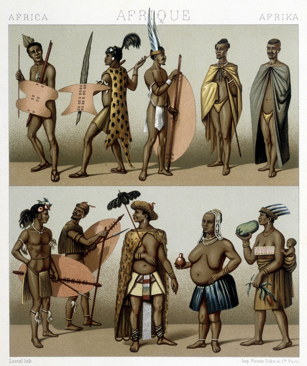 Perinteinen Cafrerie-asu (Afrikan meridionaalinen osa). Kuvitus Racinet