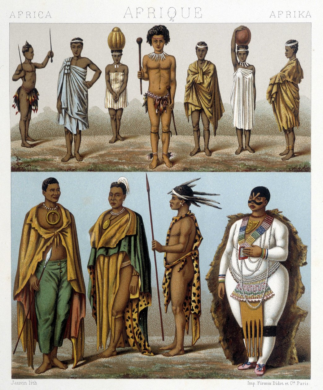 Erilaisia miehiä Etelä-Afrikasta. Kuvitus Racinet