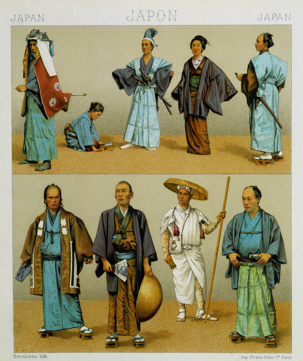 Erilaisia perinteisiä japanilaisia miesten asuja, mukaan lukien kimono. Kromolitografinen levy - Racinetin "" Le costume historique" -kirjassa tekijältä Albert Charles August Racinet