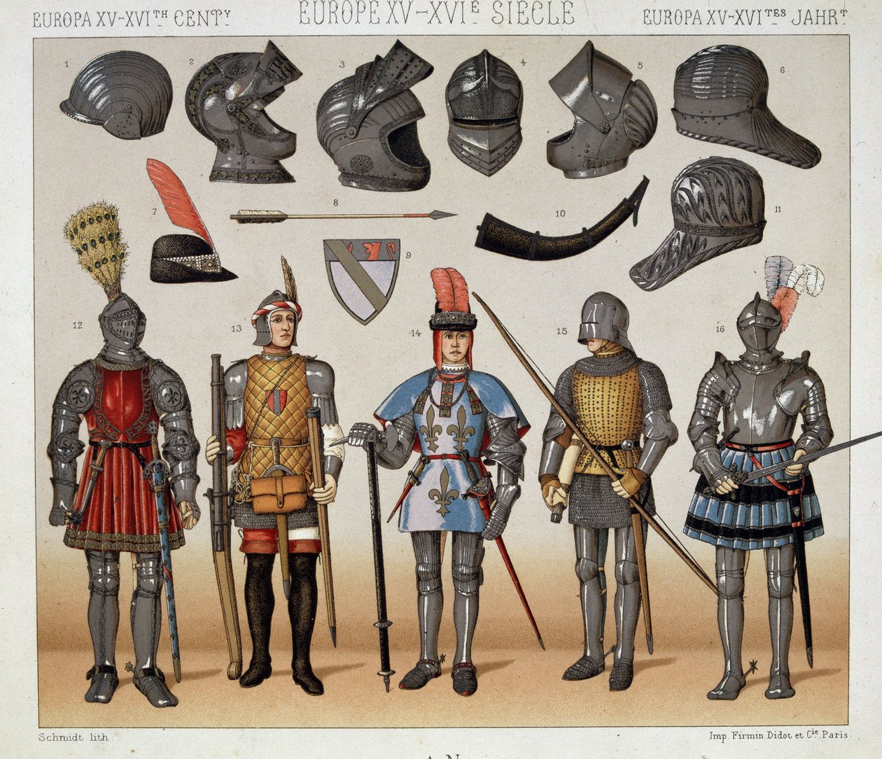 Soturit 1400- ja 1600-luvuilla - Racinetin teoksessa "Le costume historique" tekijältä Albert Charles August Racinet