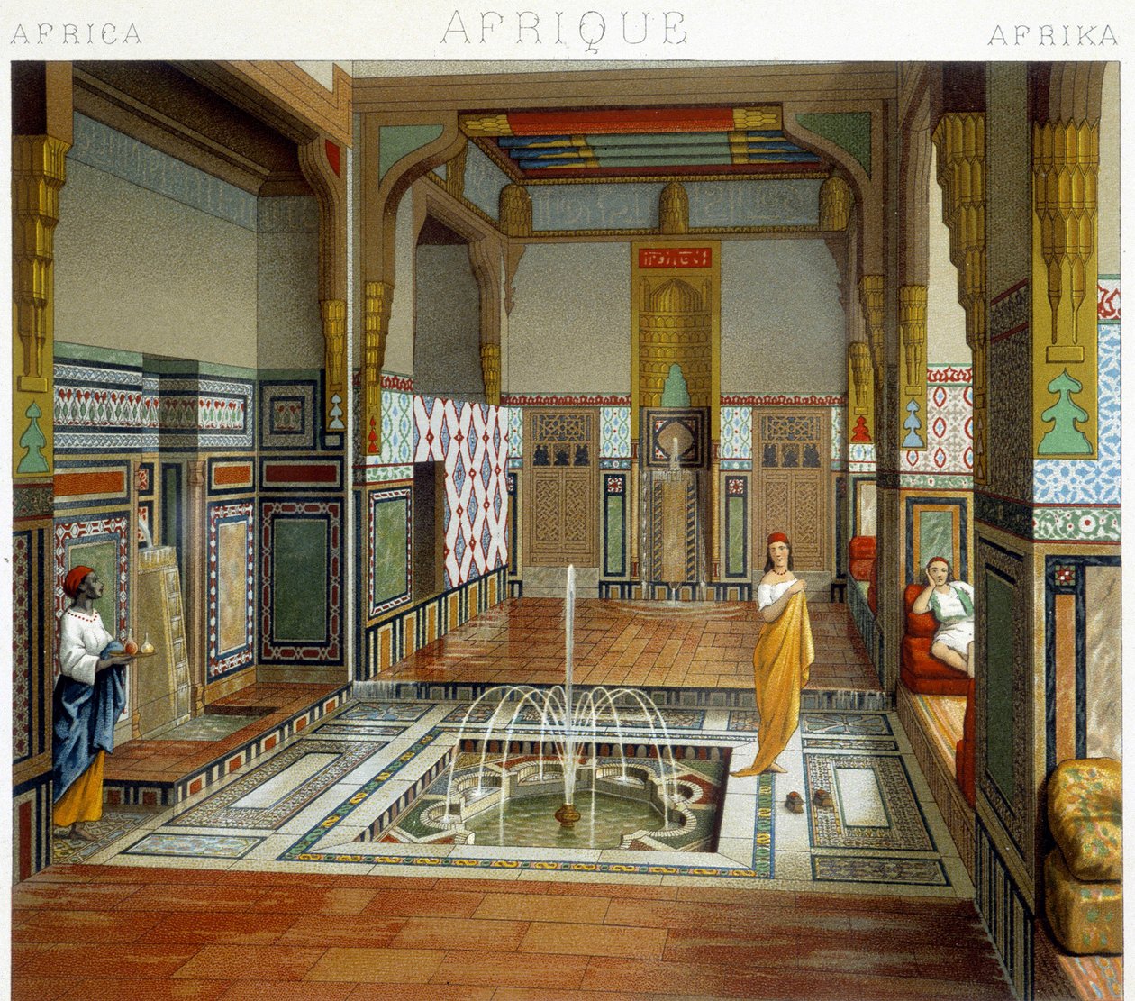 Nainen ja hänen palvelijansa ovat suihkulähteen vieressä talossa Kairossa (Egypti). Kromolitografinen levy - Racinetin "" Le costume historique" -kirjassa tekijältä Albert Charles August Racinet
