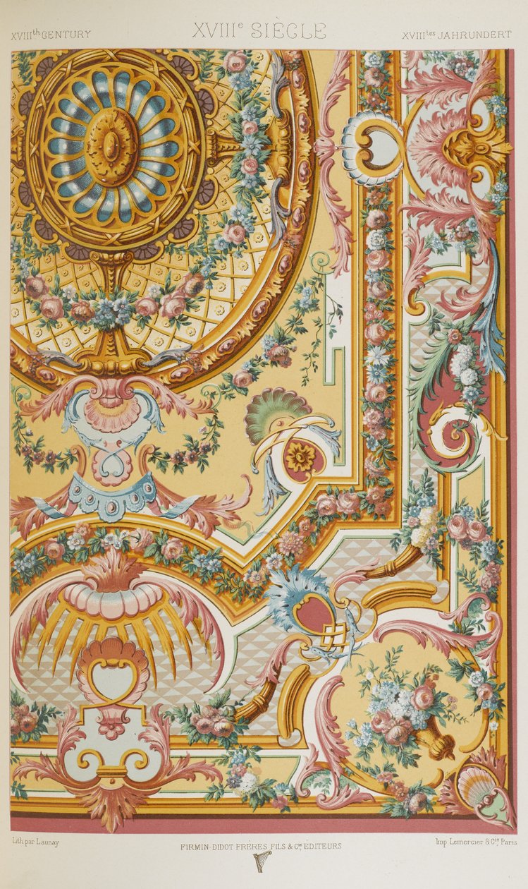 XVIII vuosisata, levy 87 teoksesta "Polychromatic Ornament: Sata lautasta kultaa, hopeaa ja värejä" tekijältä Albert Charles August Racinet
