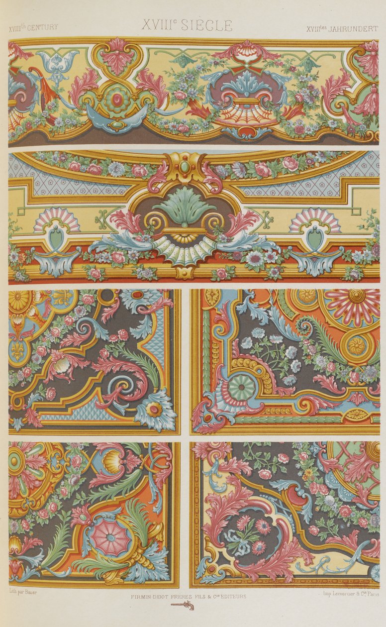 XVIII vuosisata, levy 88 teoksesta "Polychromatic Ornament: Sata lautasta kultaa, hopeaa ja värejä" tekijältä Albert Charles August Racinet