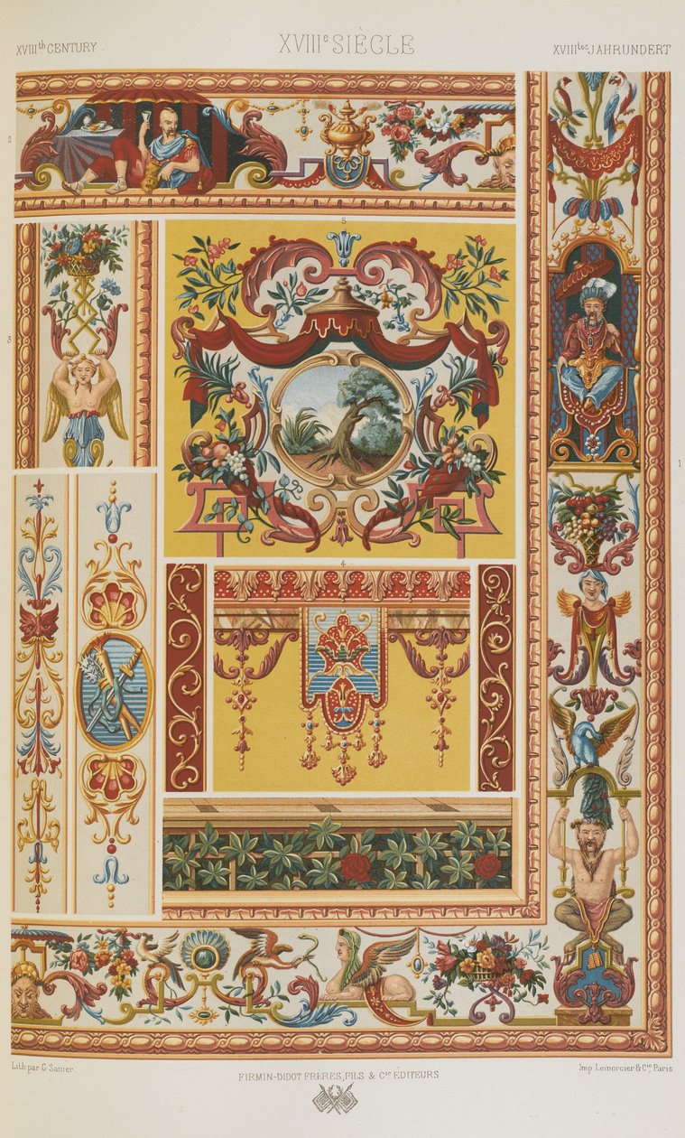 XVIII vuosisata, levy 89 teoksesta "Polychromatic Ornament: Sata lautasta kultaa, hopeaa ja värejä" tekijältä Albert Charles August Racinet