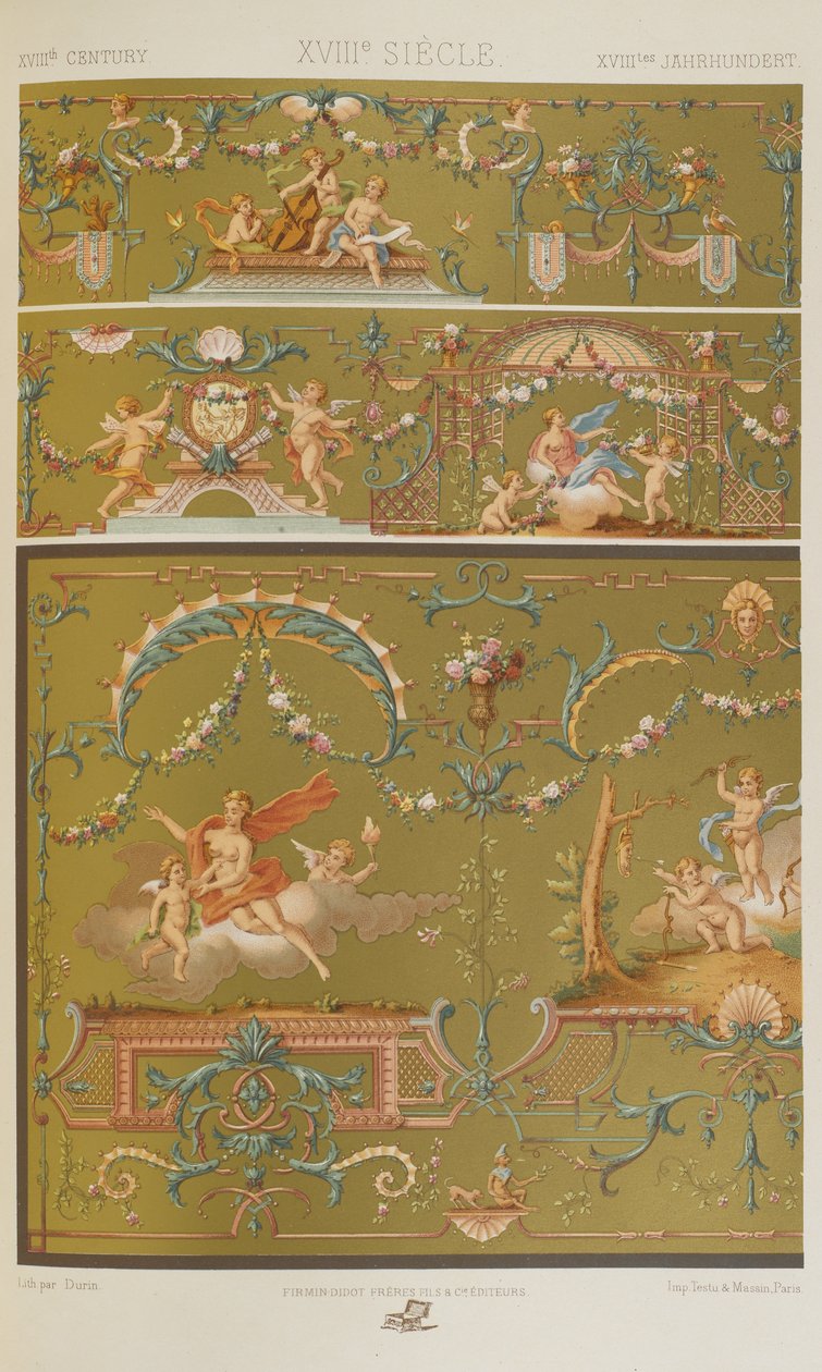 XVIII vuosisata, levy 91 teoksesta "Polychromatic Ornament: Sata lautasta kultaa, hopeaa ja värejä" tekijältä Albert Charles August Racinet