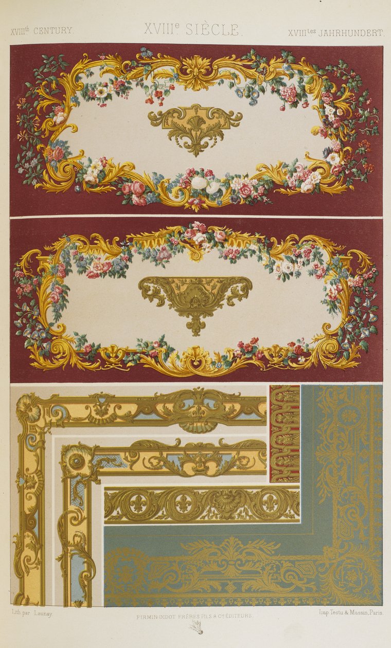 XVIII vuosisata, levy 92 teoksesta "Polychromatic Ornament: Sata lautasta kultaa, hopeaa ja värejä" tekijältä Albert Charles August Racinet