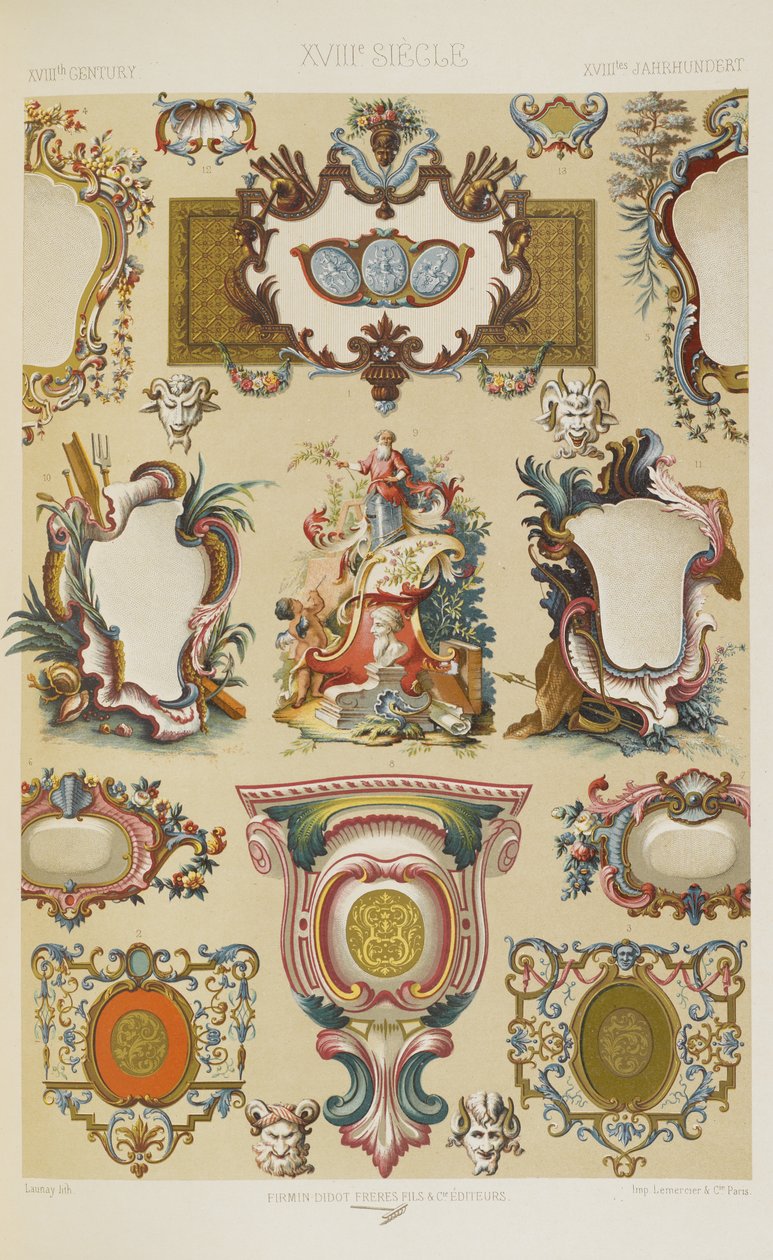 XVIII vuosisata, levy 93 teoksesta "Polychromatic Ornament: Sata lautasta kultaa, hopeaa ja värejä" tekijältä Albert Charles August Racinet