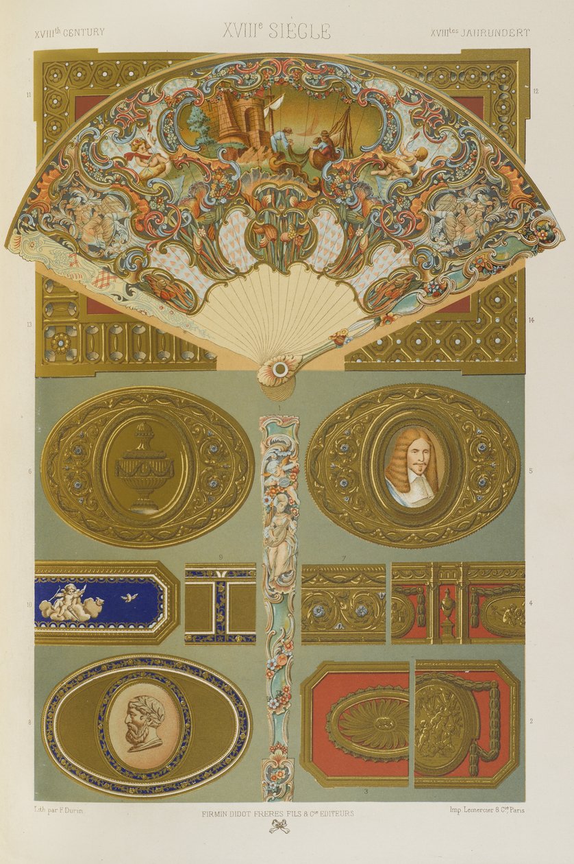 XVIII vuosisata, levy 96 teoksesta "Polychromatic Ornament: Sata lautasta kultaa, hopeaa ja värejä" tekijältä Albert Charles August Racinet