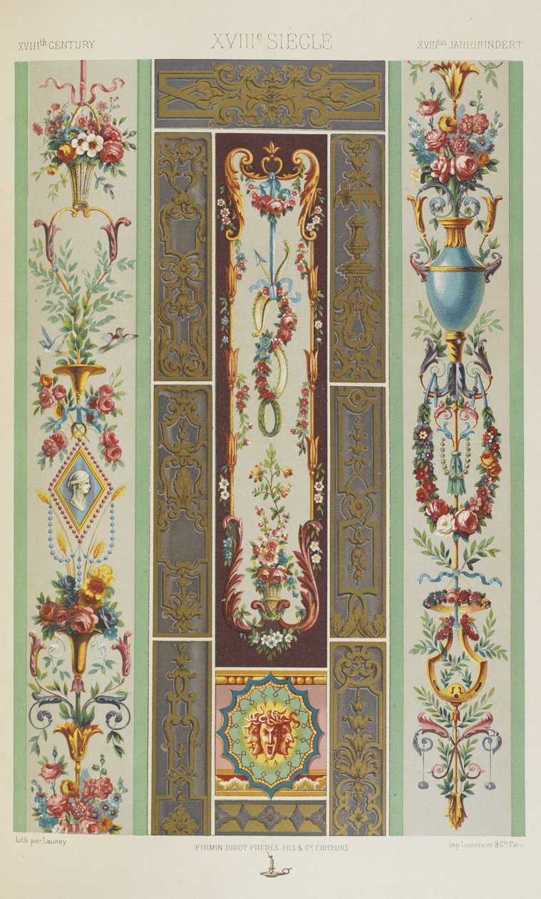 XVIII vuosisata, levy 97 teoksesta "Polychromatic Ornament: Sata lautasta kultaa, hopeaa ja värejä" tekijältä Albert Charles August Racinet