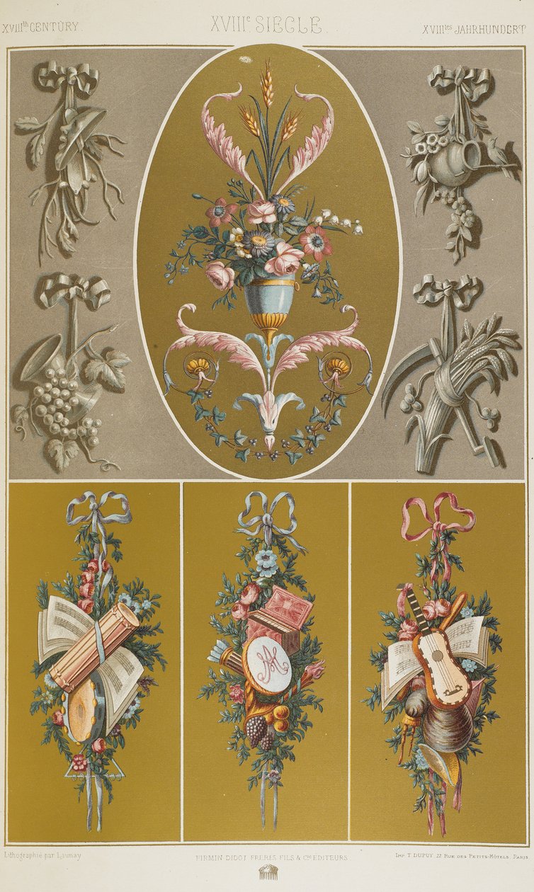 XVIII vuosisata, levy 99 teoksesta "Polychromatic Ornament: Sata lautasta kultaa, hopeaa ja värejä" tekijältä Albert Charles August Racinet