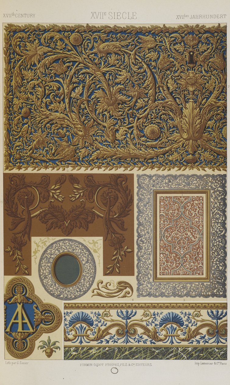 XVII vuosisata, levy 74 teoksesta "Polychromatic Ornament: Sata lautasta kultaa, hopeaa ja värejä" tekijältä Albert Charles August Racinet