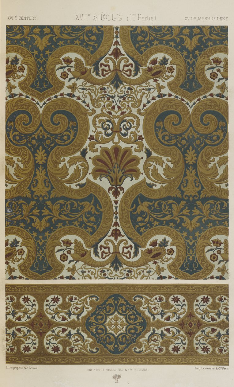 XVII vuosisata, levy 75 teoksesta "Polychromatic Ornament: Sata lautasta kultaa, hopeaa ja värejä" tekijältä Albert Charles August Racinet