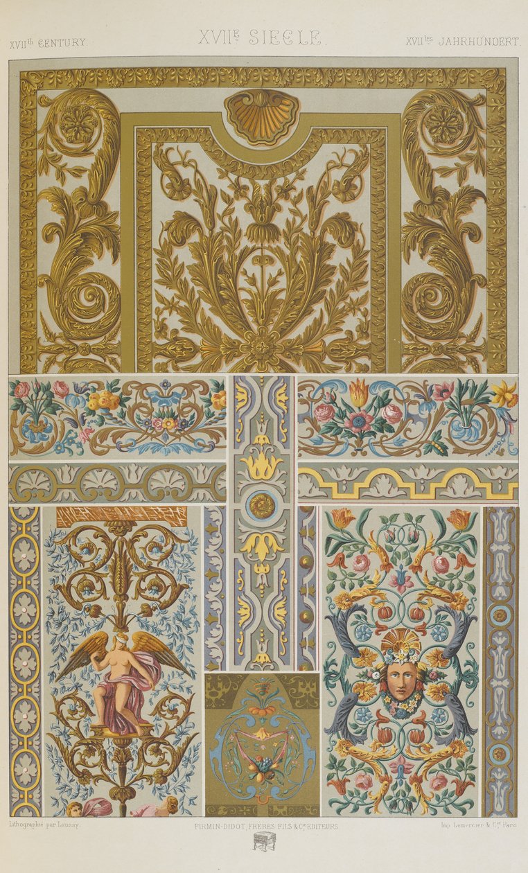 XVII vuosisata, levy 76 teoksesta "Polychromatic Ornament: Sata lautasta kultaa, hopeaa ja värejä" tekijältä Albert Charles August Racinet