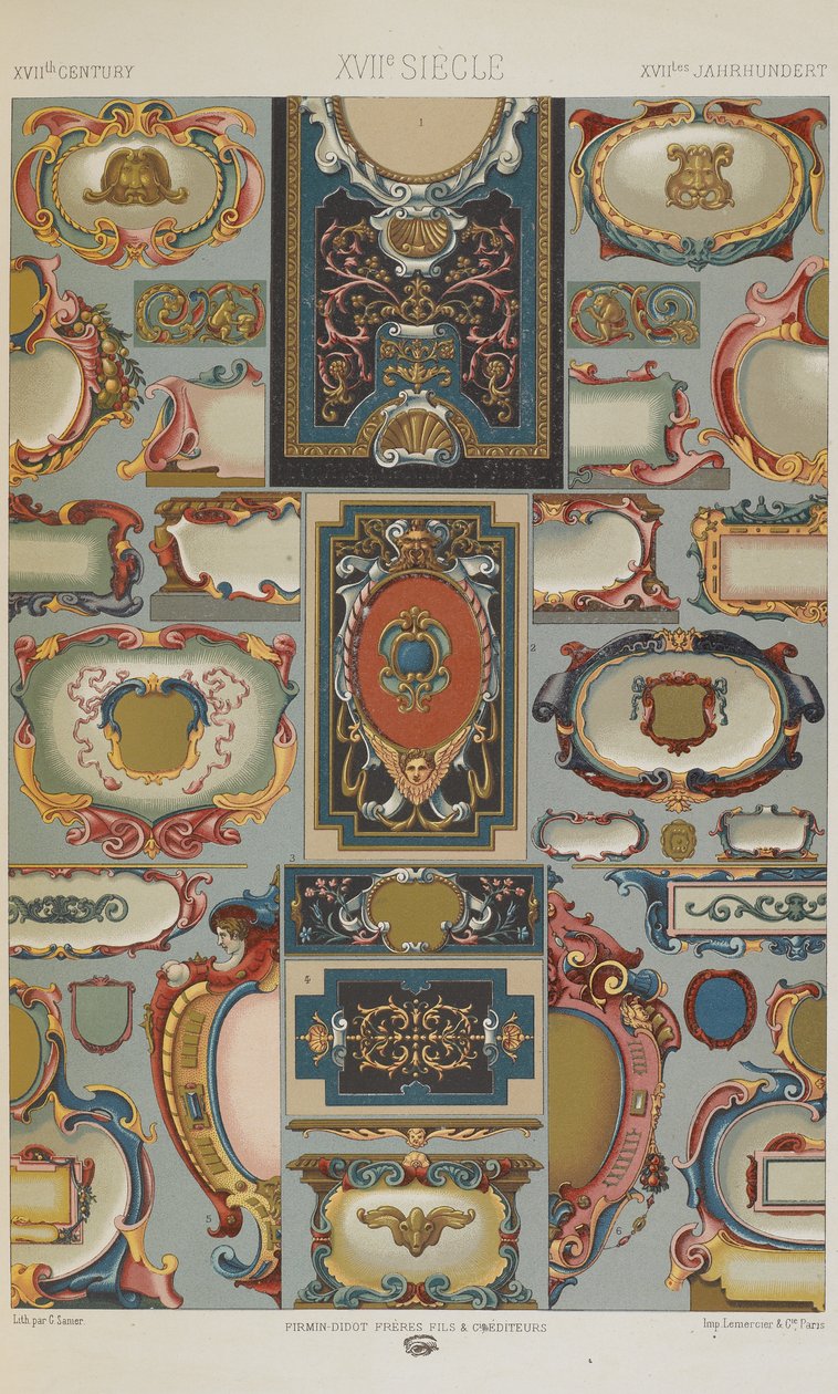 XVII vuosisata, levy 77 teoksesta "Polychromatic Ornament: Sata lautasta kultaa, hopeaa ja värejä" tekijältä Albert Charles August Racinet